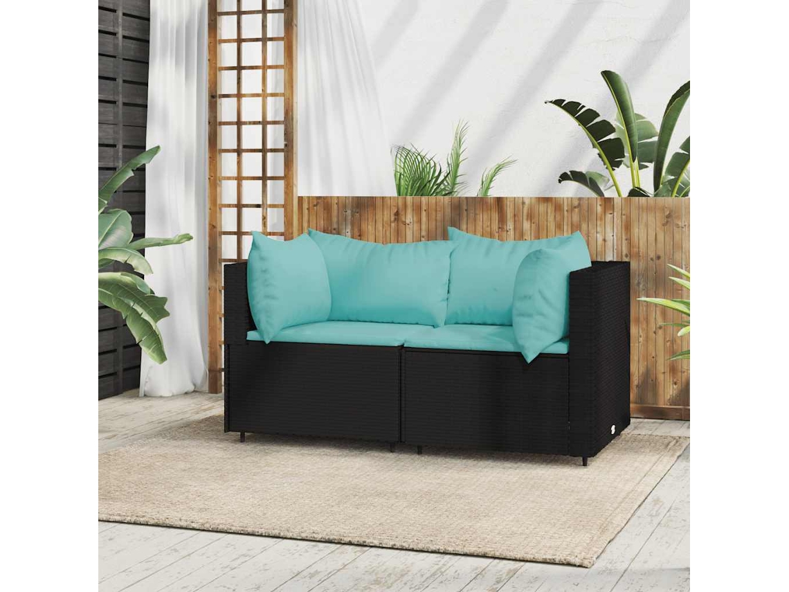 Vidaxl Sofás De Canto P/ Jardim C/ Almofadões 2 Pcs Vime Pe Preto