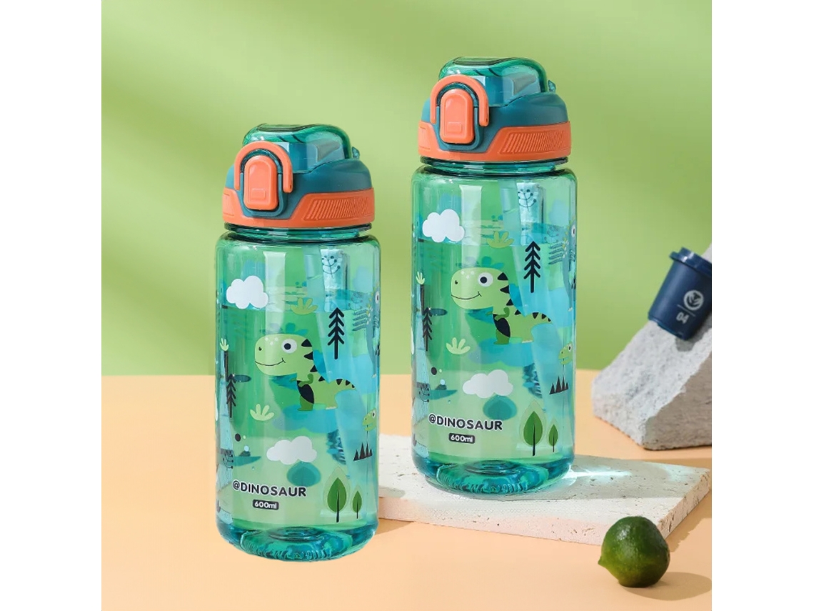 (pacote Com 2 Unidades, Verde) Garrafas De Água Descartáveis De 600ml Com Desenhos De Animais, Trava De Segurança E À Prova De Quedas.