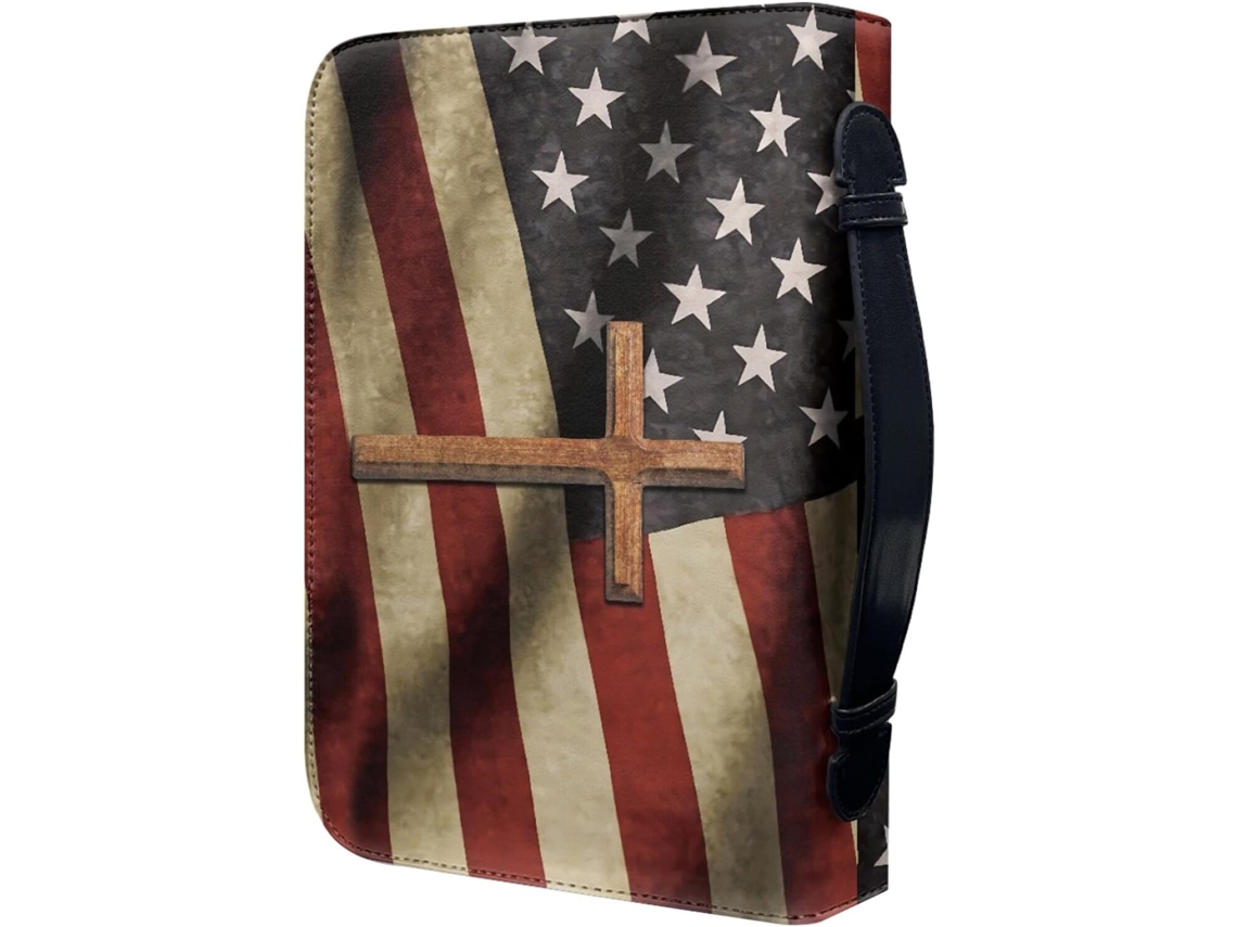 Capa Bíblia Coheali Em Couro Sintético Com Estampa Da Bandeira Americana, Bolsa Organizadora Com Bolso Zíper E Alça