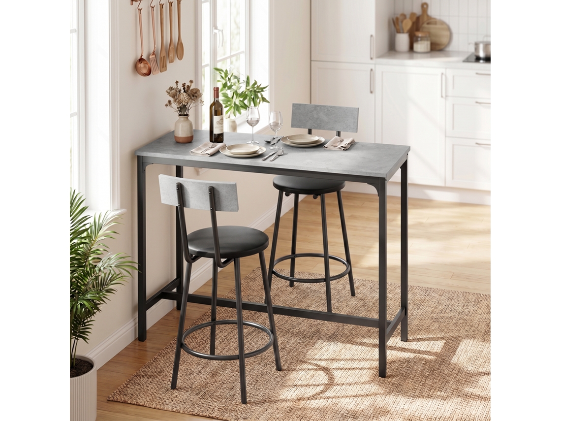 Conjunto De Mesa E 2 Bancos, Com Apoio Para Os Pés, Cinzento