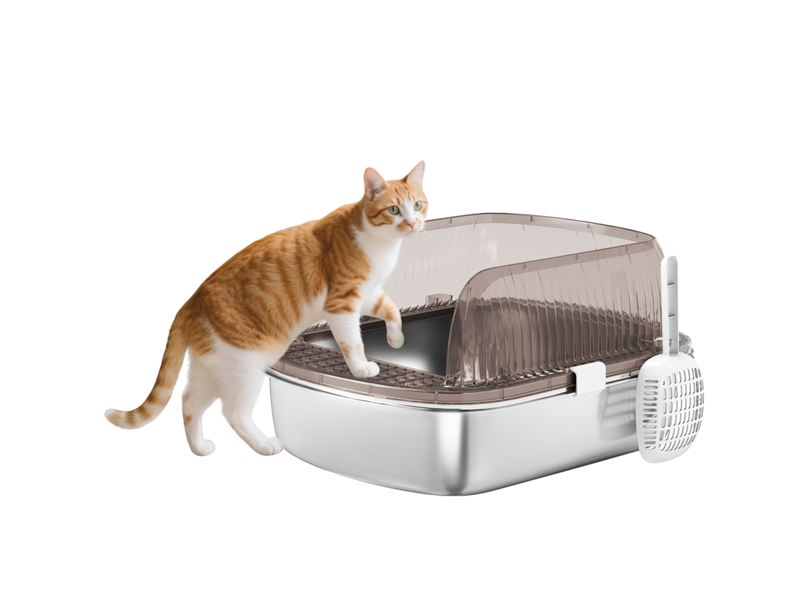 Caixa de Areia para Gatos Fechada com Bandeja em Aço Inoxidável Bordas Altas Pá para Gatos Grandes 53x42x27 Cm Cinzento ESSÊNCIACASA
