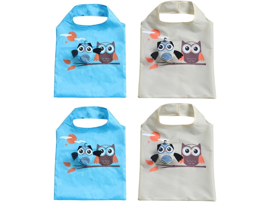 Conjunto de 4 Sacolas Compras Dobráveis, Feitas Poliéster com Estampa Coruja, Leves e Portáteis para CHABERLU
