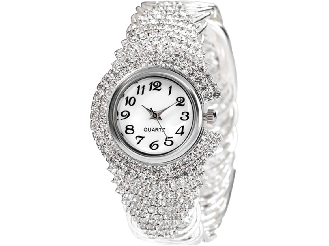Feminino Relógio de Cristal Pulseira Relógio de Diamante Mostrador Redondo Relógio de Pulso-Prata