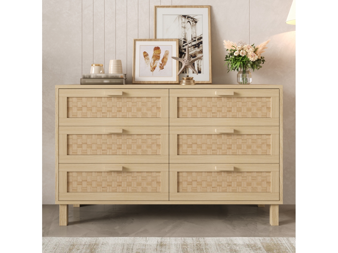 Cômoda Elegante De Madeira Natural Com Seis Gavetas Estilo Rattan E Muito Espaço.
