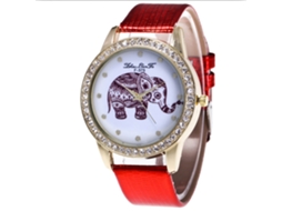 Relógio Feminino de Quartzo com Pulseira de Couro Pu Padrão de Elefante com Strass Vermelho