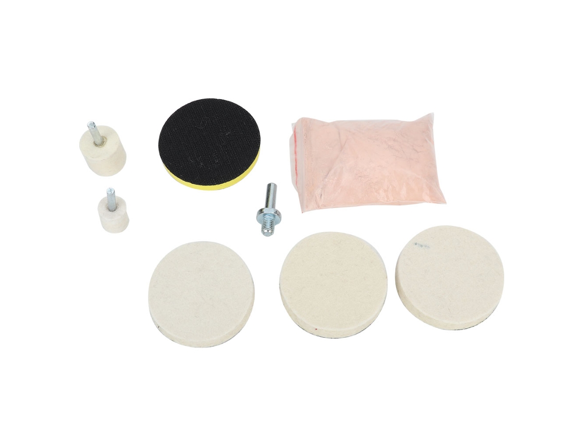 Kit para remoção de riscos em vidro com 8 peças: pó de óxido de cério (120g), roda de feltro e almofada de lã.