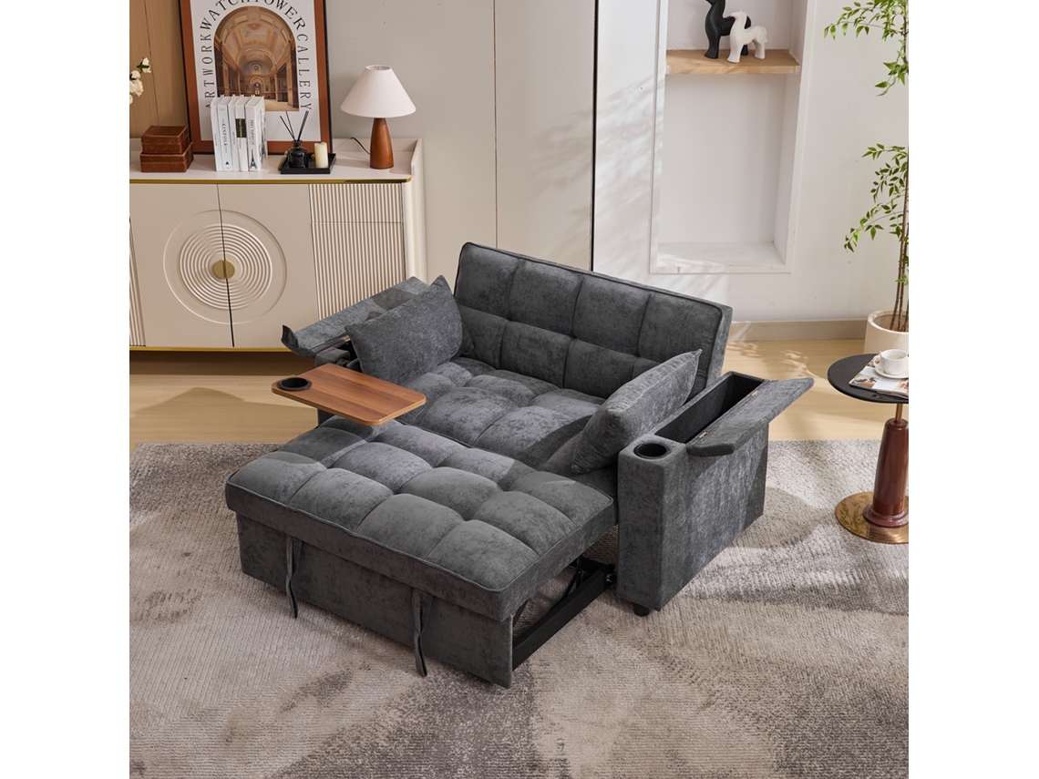 Sofá-cama 140,5 X 74 X 82 Cm - 3 Em 1, Com Encosto Ajustável, Usb, Mesa Oculta, Porta-copos - Cinza