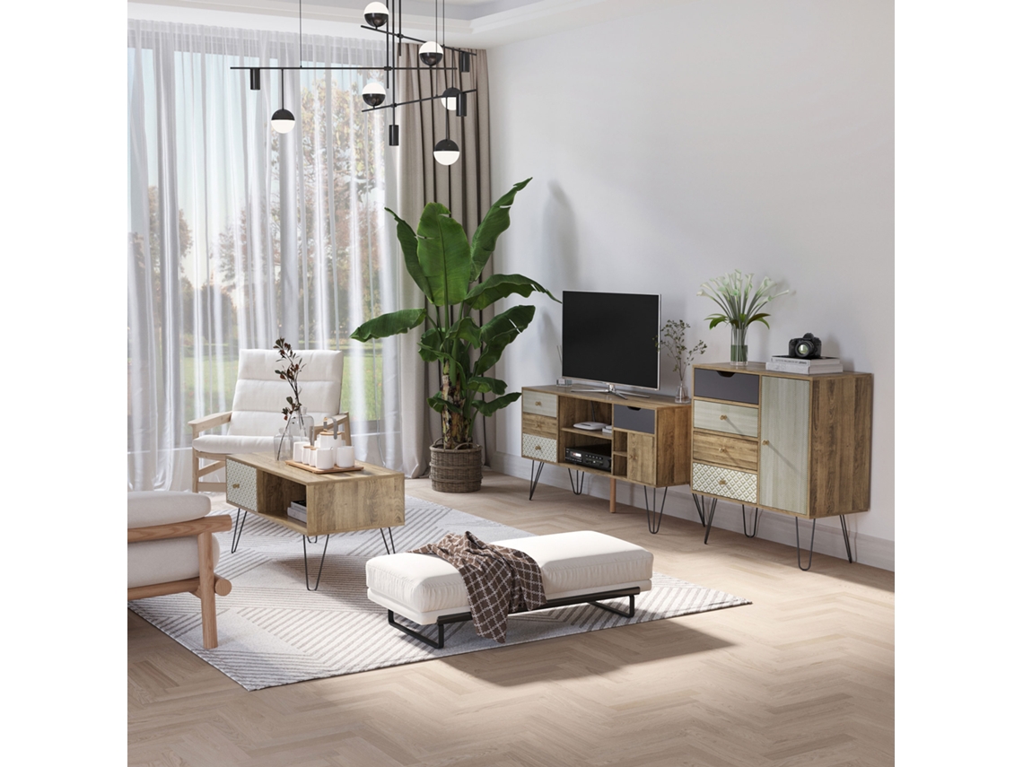 Rack Para Tv Estilo Boho Com Prateleiras, 4 Gavetas E Pés De Metal, Mesa Para Tvs De Até 50 Polegadas, 120x39x64 Cm, Marrom