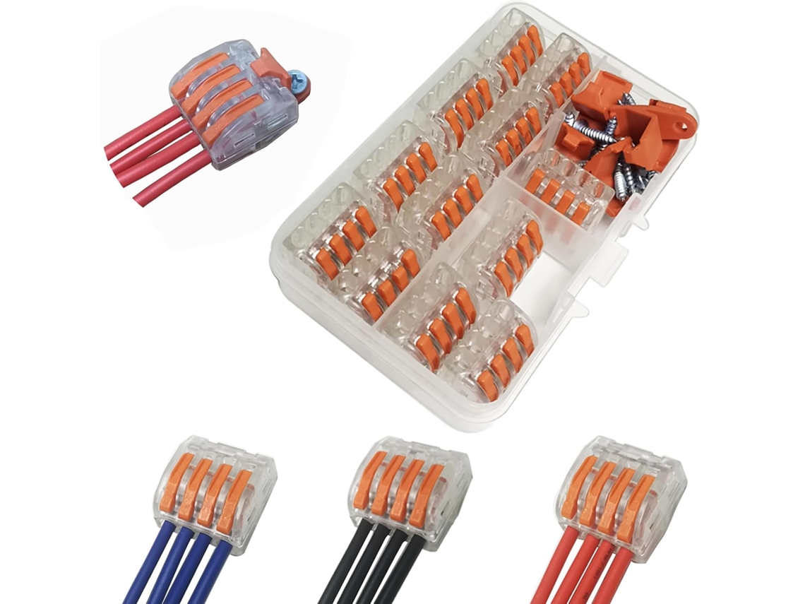 Conector de Fio Compacto, Kit com 12 Conectores de Fio de 4 Portas com Bloco de Terminais de Mola e Clipe de Montagem