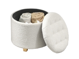 Puf Baú, Banco Redondo, Apoio Para Os Pés Em Tecido Trançado, Capacidade De Carga De 120 Kg, Ø 45 X 41 Cm, Branco, Com Acabamento De Qualidade
