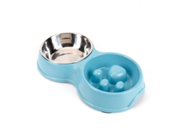 Comedouro Lento para Cães com Tigelas Duplas, de Aço Inoxidável Anti engasgo para Comida e Água, Ideal para Filhotes, Gatos e Cães Azul AQUAFORGE