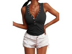 Blusa feminina sem mangas, com botões, decote em V, modelagem justa e canelada, em mistura de algodão, modelo 2026.