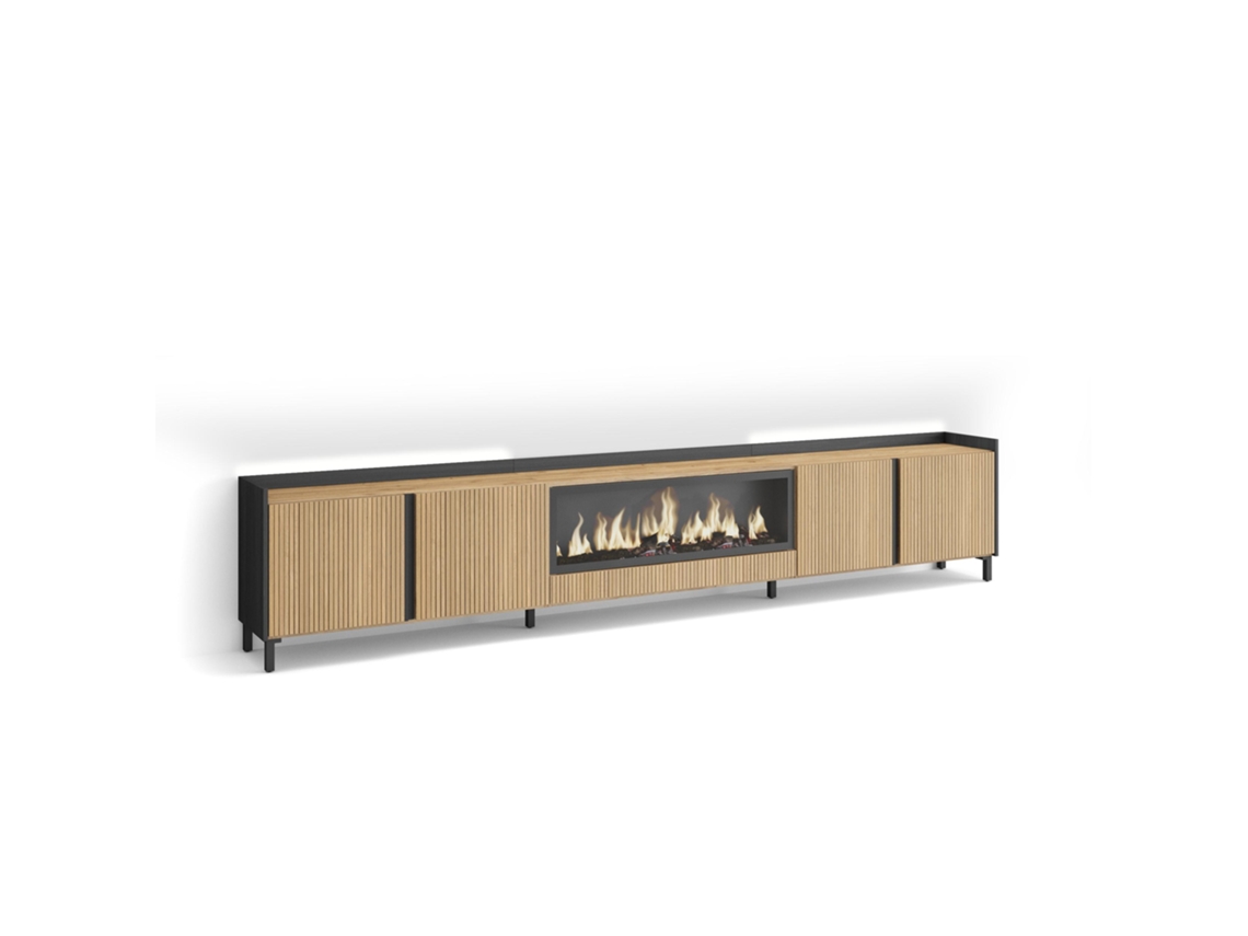 Móvel De Tv, 315x35x61cm, Para Televisores Até 80", Lareira Eléctrica Xxl, Design Industrial, Led, Carvalho E Preto