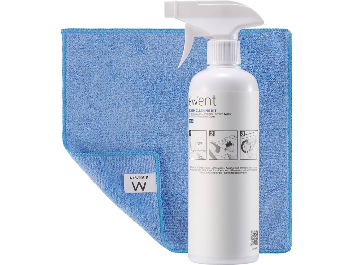 Kit Limpeza de Ecrãs EWENT EW5678 500ml + Pano de Microfibras 30x30cm