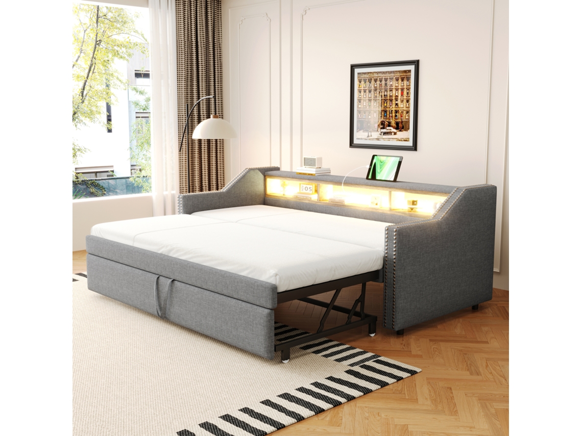 Sofá-cama Cinza Claro 90/180x190cm, Compartimentos, Led, Usb, Ripas. -op