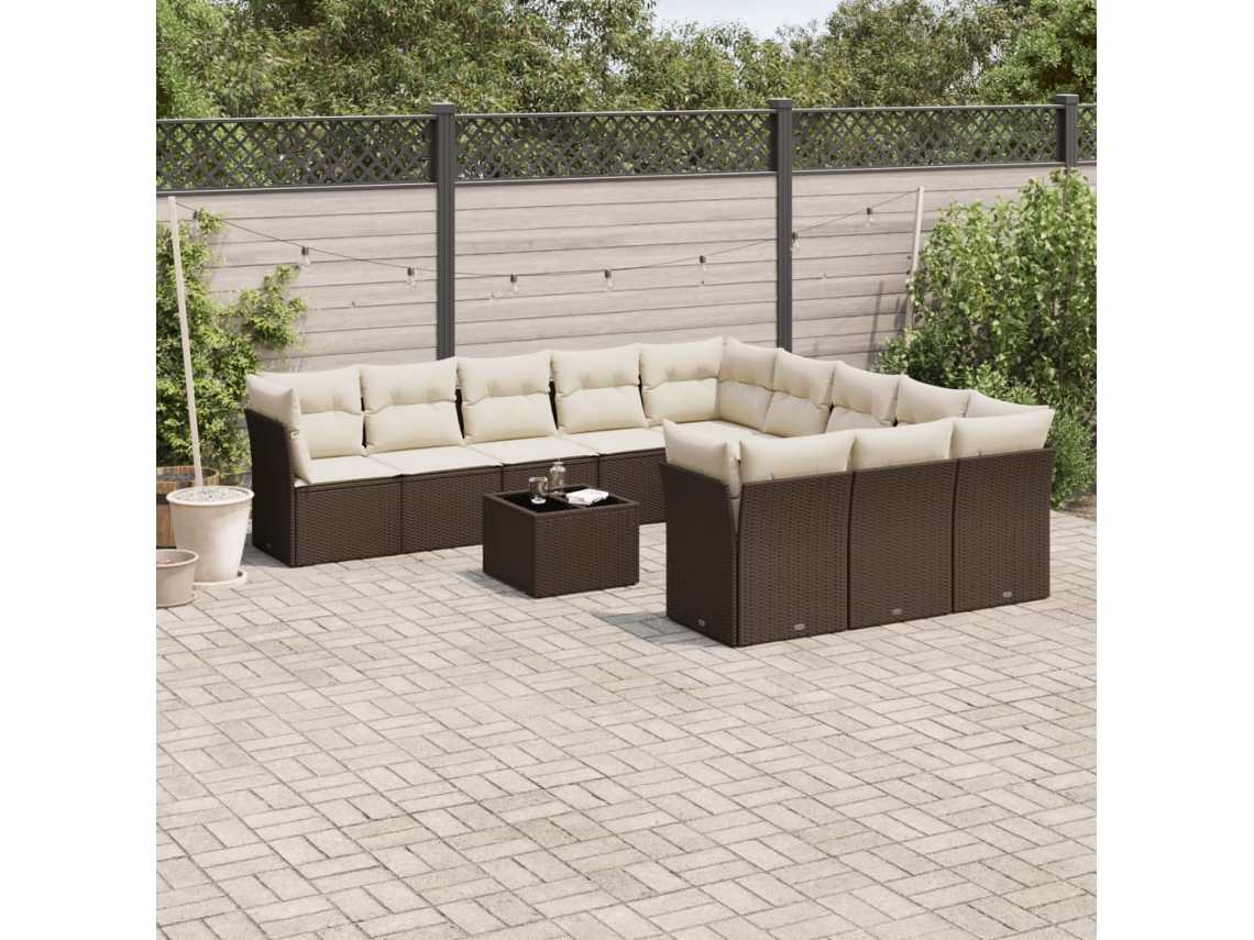 Vidaxl 12 Pcs Conjunto De Sofás Jardim Com Almofadões Vime Pe Castanho