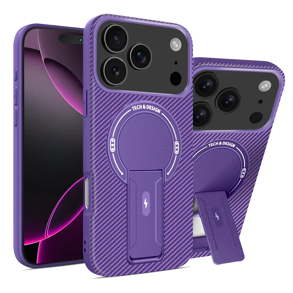 (roxo, Iphone 14 Plus) Capa De Carregamento Magnético Com Textura De Fibra De Carbono, Suporte Dobrável E Capa Protetora.