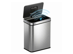 Lixeira automática de 50 litros com sensor e tampa de fechamento suave, em aço inoxidável, cor prata.