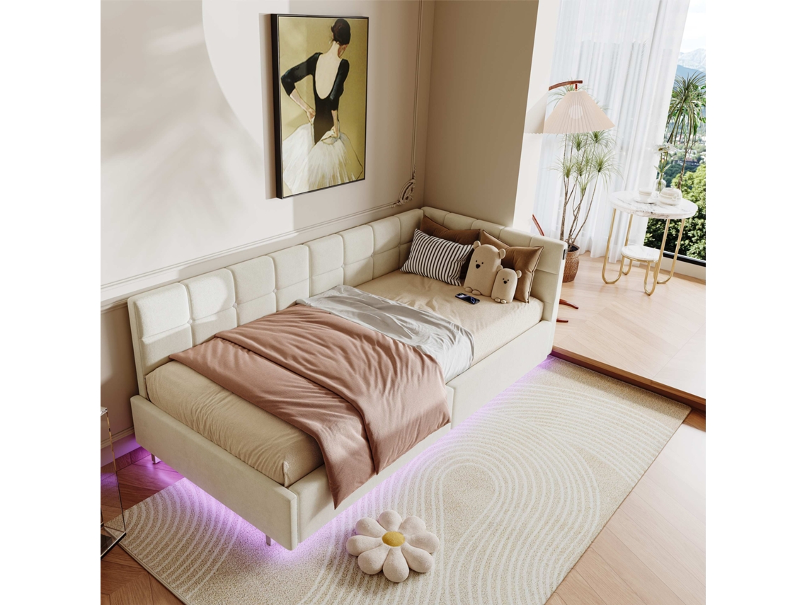 Cama Estofada, Sofá Cama 90x200, Divã Com Led E Usb, Sofá Cama Com Estrado De Ripas, Cama Individual, Cama Juvenil, Cama Infantil, Veludo Mexus