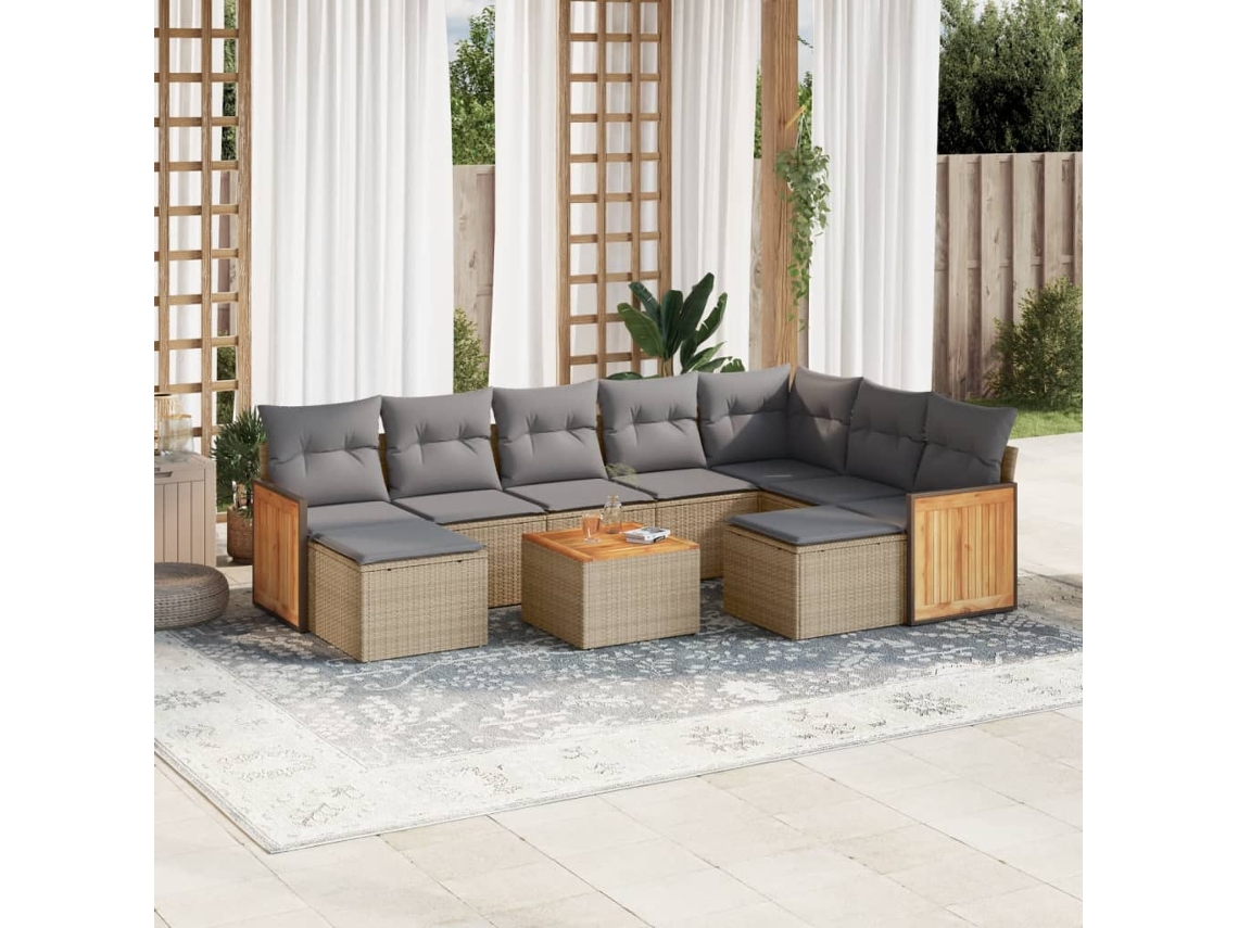 Vidaxl 10 Pcs Conjunto De Sofás P/ Jardim Com Almofadões Vime Pe Bege