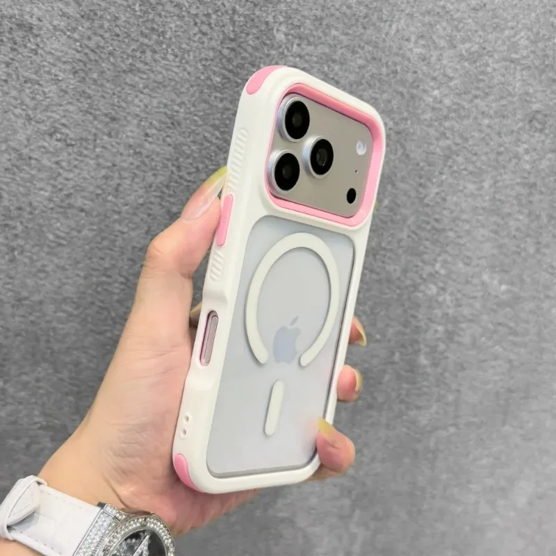 Capa Magnética Transparente Para Celular (iphone 15 Pro Max Branco E Rosa), Material Pc Tpu.