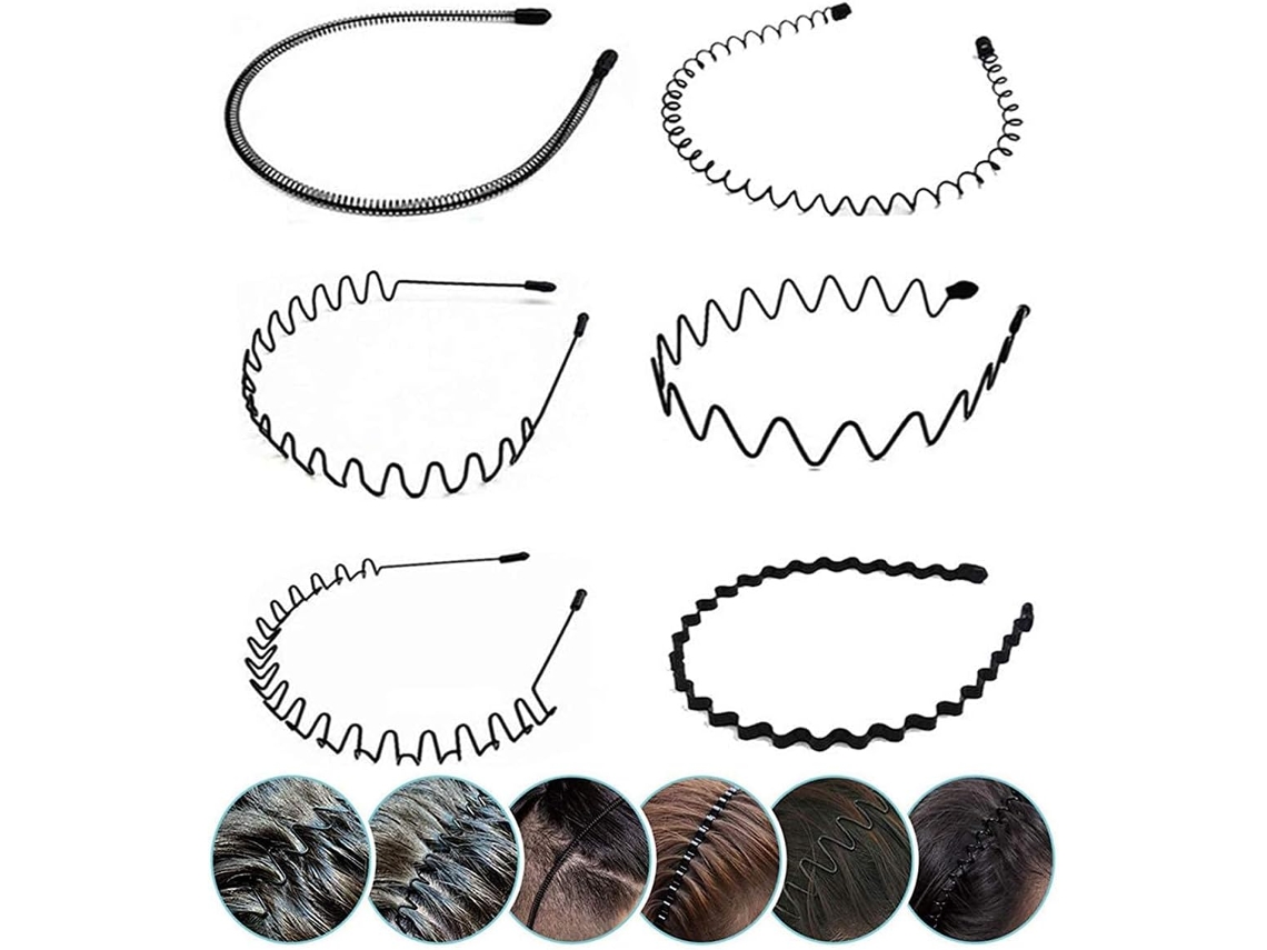 Faixa de cabelo ondulada de borracha com mola, arco de cabelo de metal antiderrapante preto em vários estilos (6 peças)