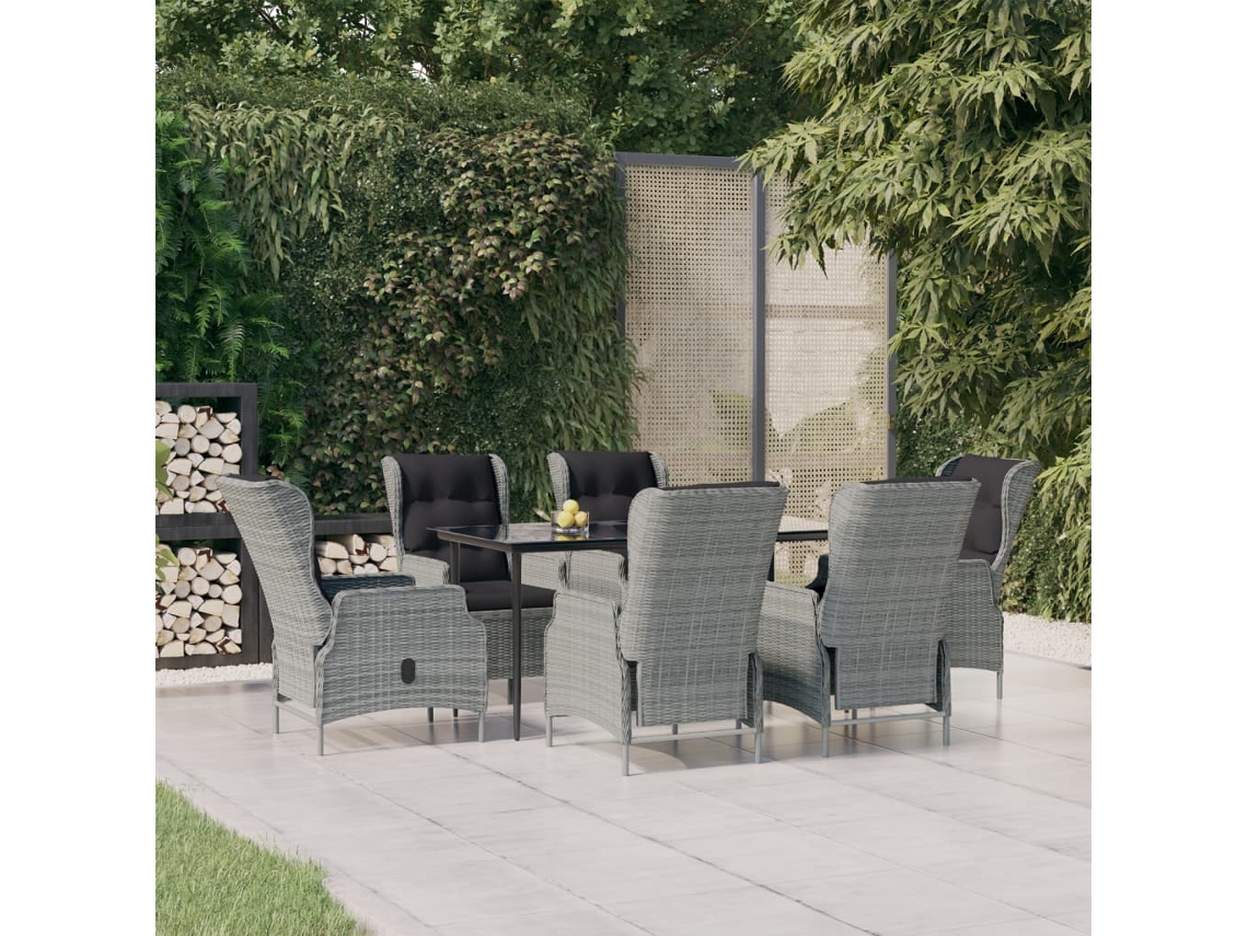 Vidaxl 7 Pcs Conjunto De Jantar Para Jardim Vime Pe Cinzento-claro