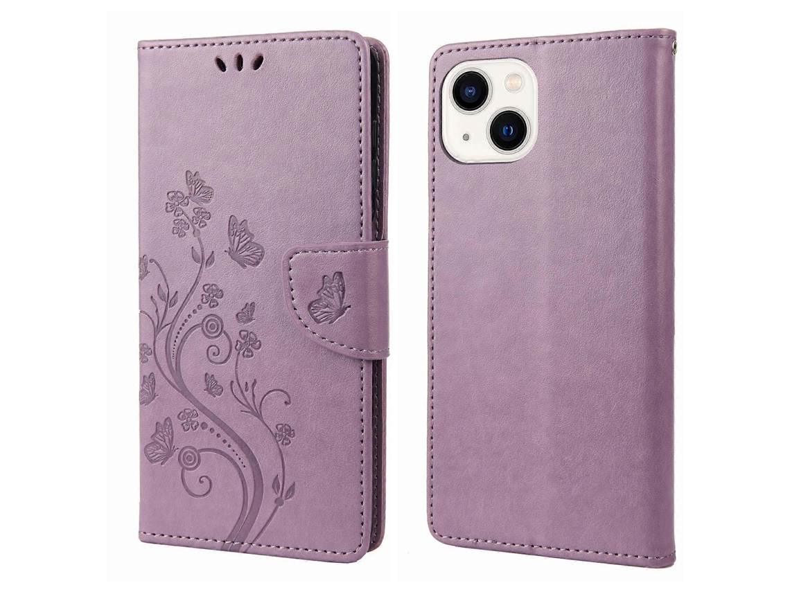 Capa De Couro Flip Com Estampa De Borboleta E Flor Para Iphone 14 Plus