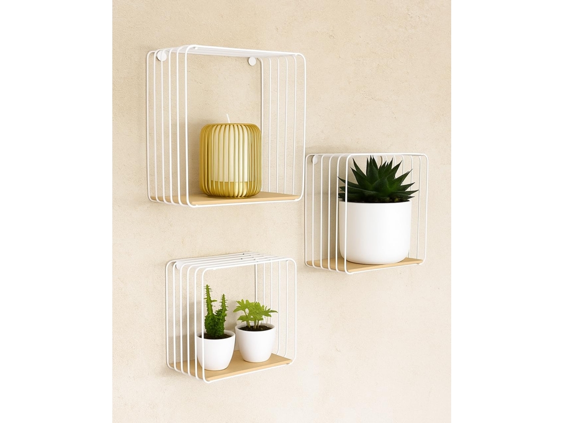 Conjunto De 3 Prateleiras Suspensas Metal E Bambu Branco