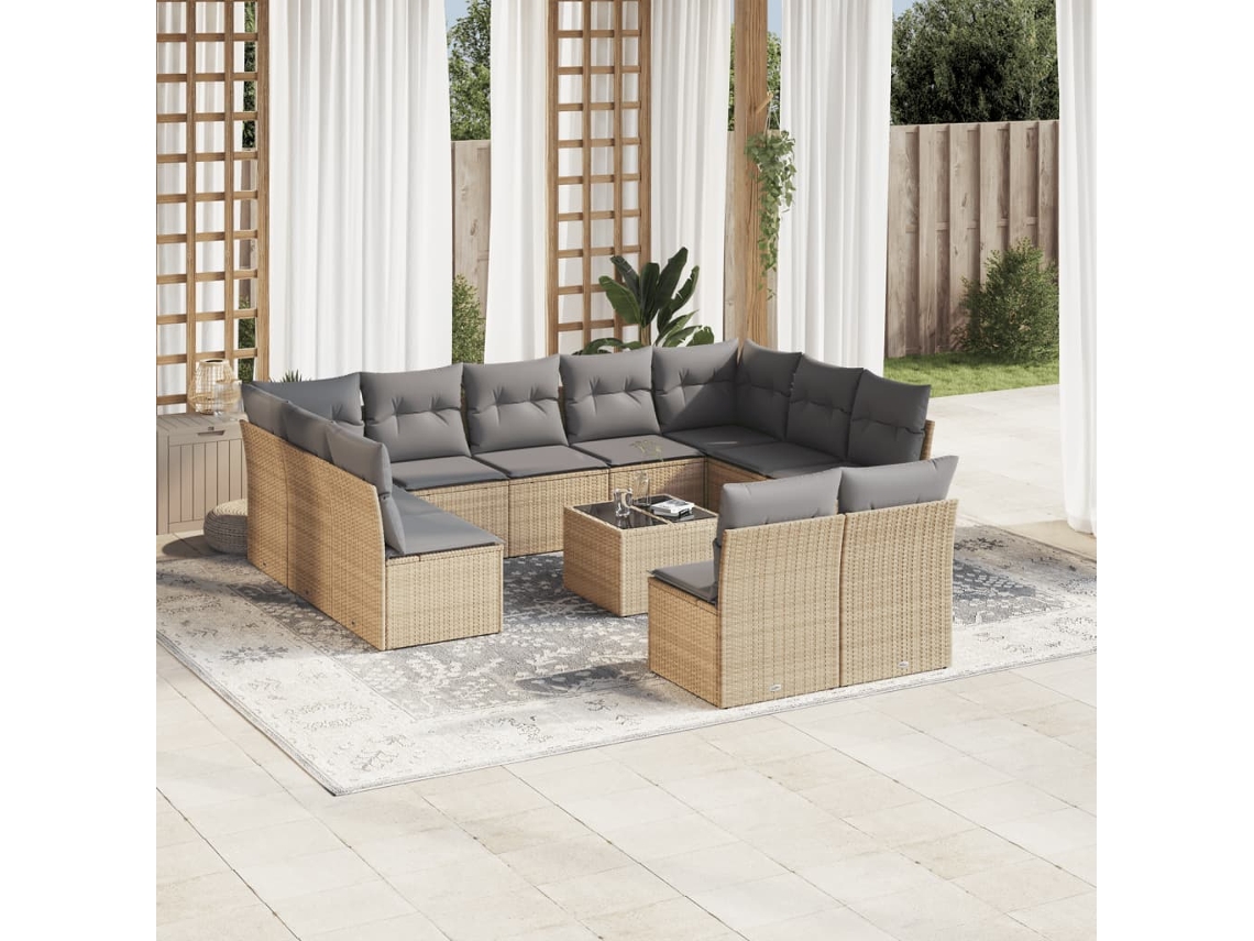 Vidaxl 12 Pcs Conjunto De Sofás P/ Jardim Com Almofadões Vime Pe Bege