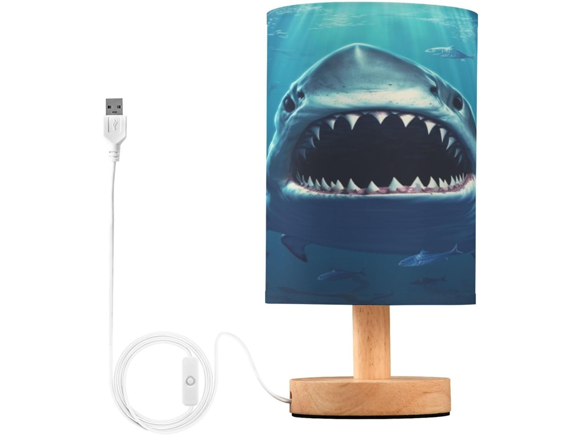 Luminária De Mesa Em Formato Tubarão Skyshu Pequena Led Usb Com Base Madeira Antiderrapante E Cúpula Que Não Agride Os