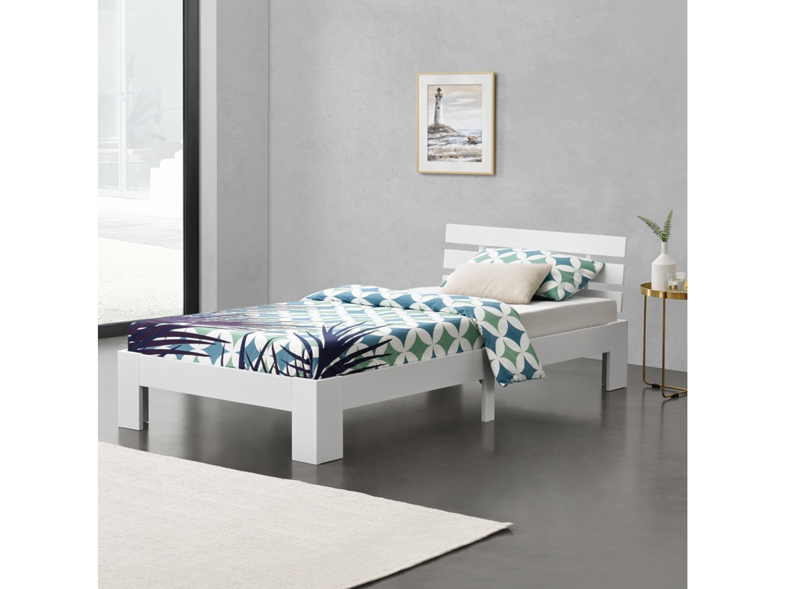 Cama de Solteiro [EN.CASA] (204 x 124 x 68 cm - Madeira de Pinho - Branco)