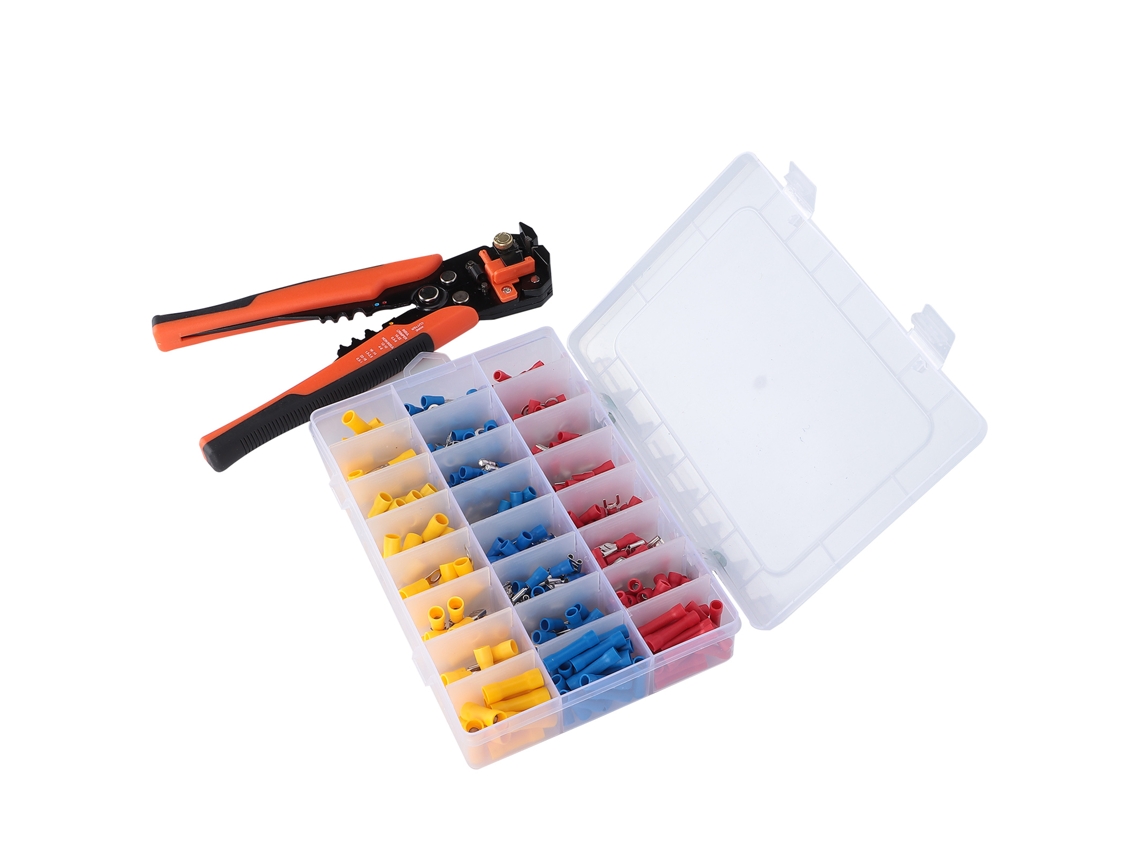 Kit de conectores de fio isolados com terminais, tesouras e estojo.