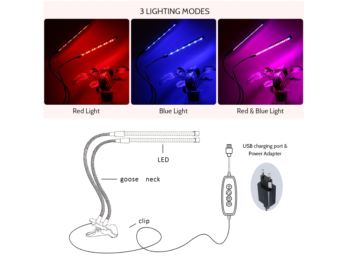 Luz de Crescimento de Plantas 36 Led Bivolt 10w com 3 Modos e 5 Níveis de Brilho com Timer e Clamp