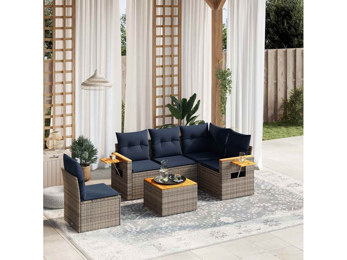 Vidaxl 6 Pcs Conjunto Sofás P/ Jardim C/ Almofadões Vime Pe Cinzento