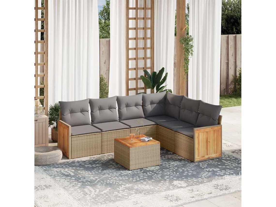 Conjunto de 7 Sofás para Jardim com Almofadas Vime Pe Bege Dkd Home Decor