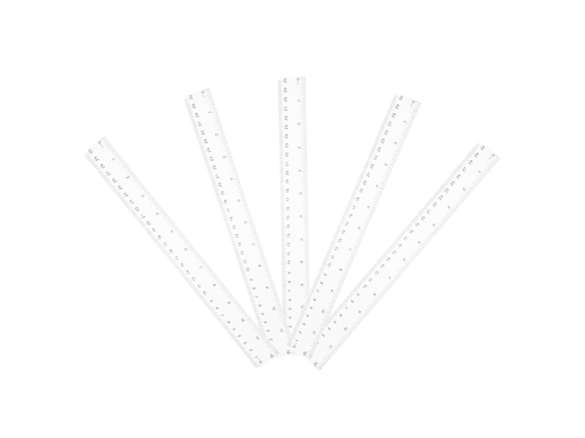 Conjunto de 5 réguas de plástico transparente para desenho e medição, ideais para estudantes, uso escolar e profissional.