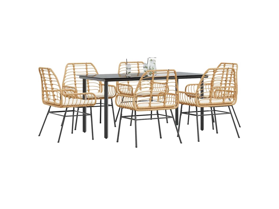 Vidaxl Conjunto Jantar Jardim 7 Peças Almofadas Vidro Vime Pe Castanho