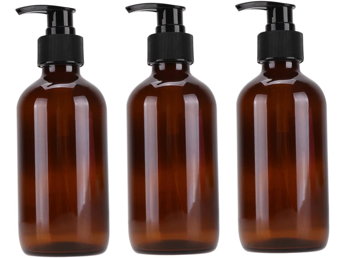 De 3 Frascos De Vidro Âmbar Com Bomba Dosadora, 250ml, Para Loção E Xampu, Com Tampa Larga, Ideais Para Viagens.
