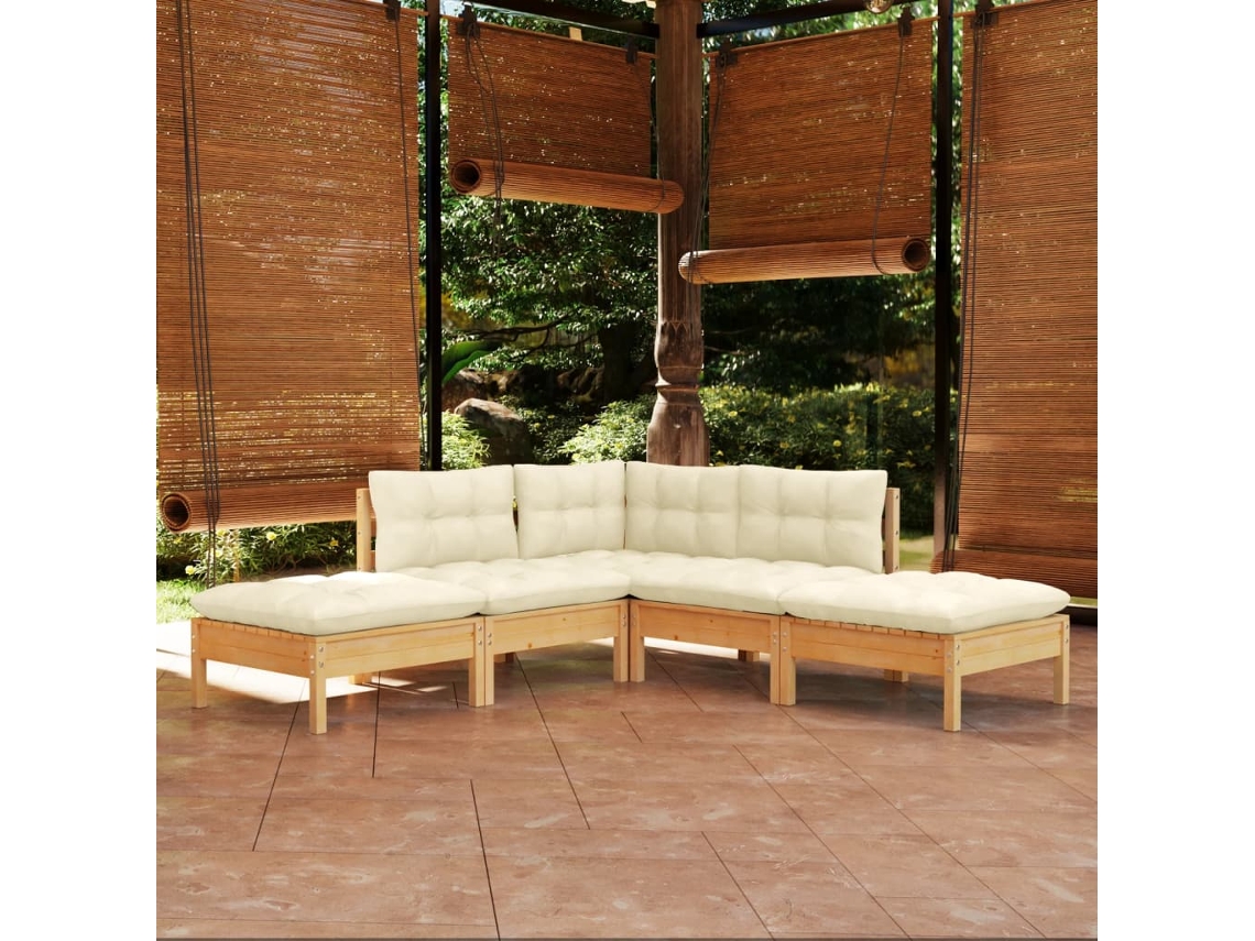 Vidaxl 5 Pcs Conjunto Lounge De Jardim C/ Almofadões Cor Creme Pinho