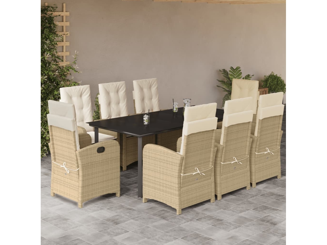 Vidaxl 9 Pcs Conjunto De Jantar P/ Jardim Com Almofadões Vime Pe Bege