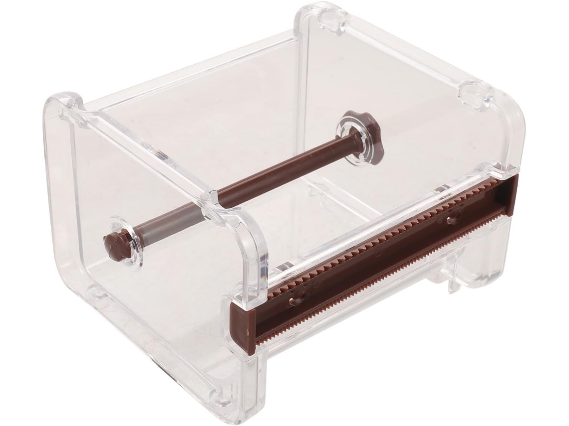 Dispensador com fita adesiva transparente antiderrapante, design minimalista para mesas e áreas de artesanato.