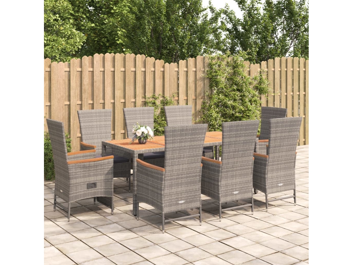 9 Pcs Conjunto De Jantar P/ Jardim C/ Almofadões Vime Pe Cinza Dkd Home Decor