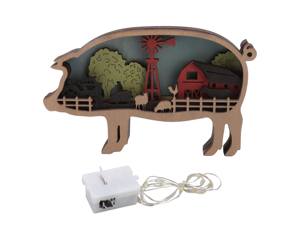 Ornamento de Animal em Madeira com Gravura Múltiplas Camadas e Luz Bateria Incluída para Decoração de Parede