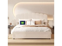 Cama De Casal 140x200 Cm Com Armazenamento E Usb-c, Veludo Teddy, Cor Bege, Design Moderno