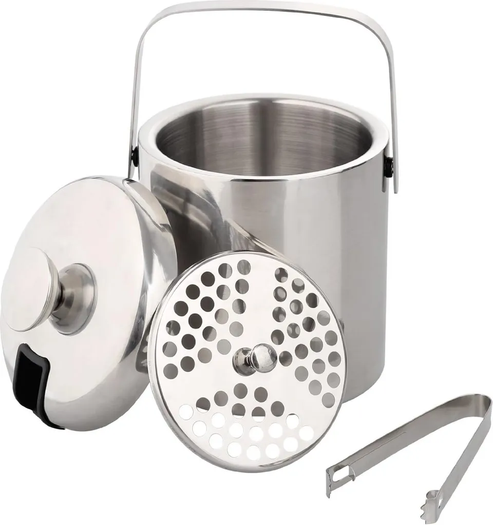 Bandeja De Gelo De Aço Inoxidável De 1,3l Com Dois Níveis, Recipiente Para Gelo Com Pinça E Tampa.