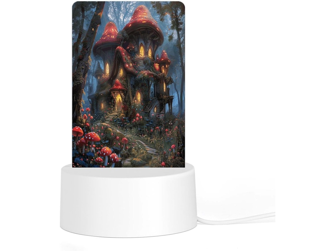 Luminária noturna em acrílico com base e plugue de plástico, com estampa de botões e flores, proporcionando luminosidade.