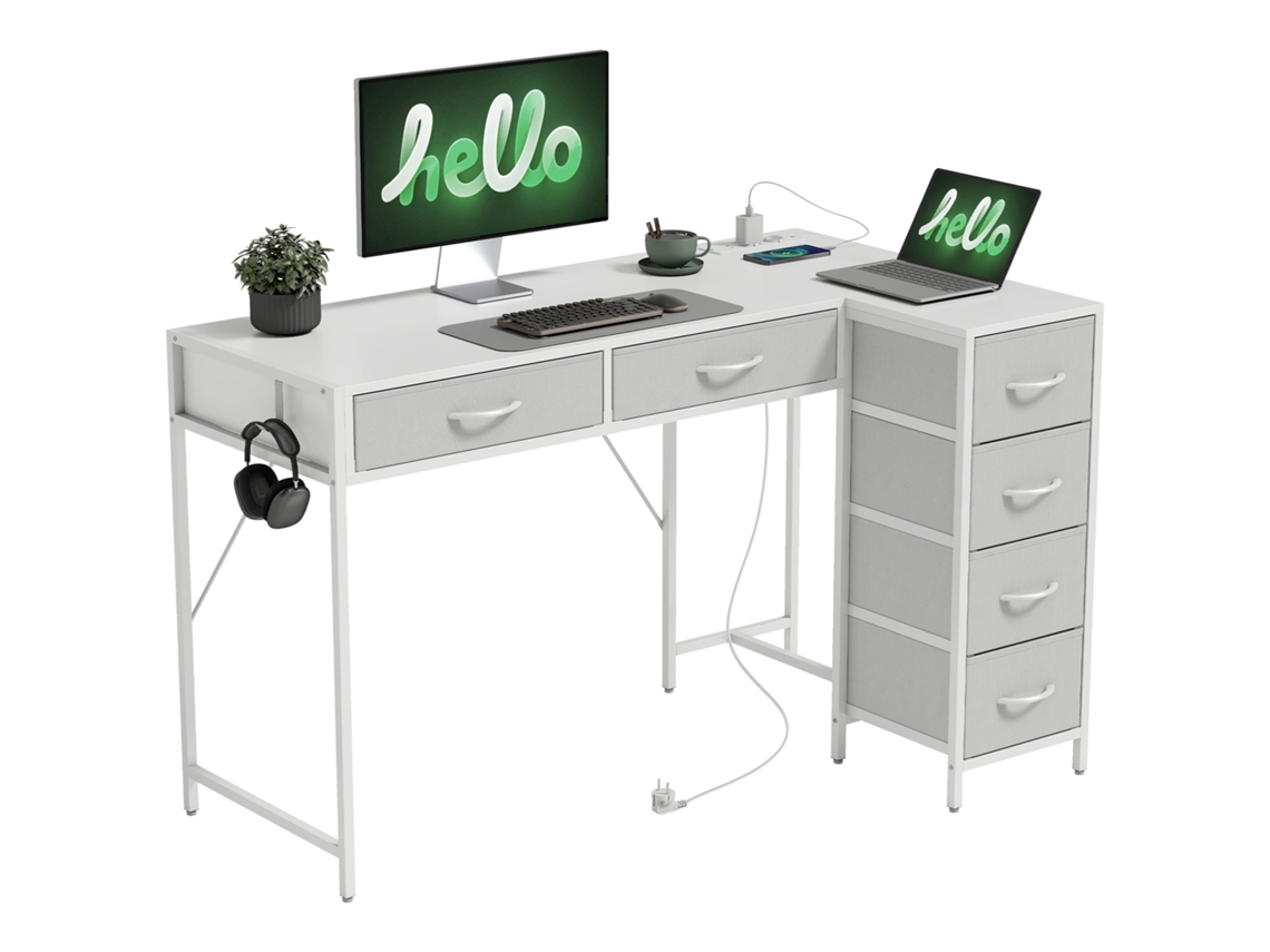 Secretária De Canto Reversível Com 6 Gavetas 126x48 Cm Com Tomada De Energia Porta Usb E Usb-c Branco