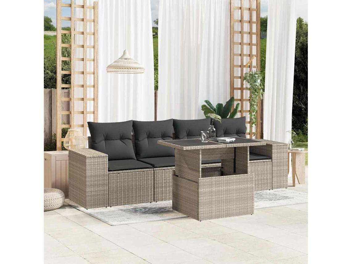 Vidaxl 5 Pcs Conj. Sofás Jardim C/ Almofadões Vime Pe Cinzento-claro