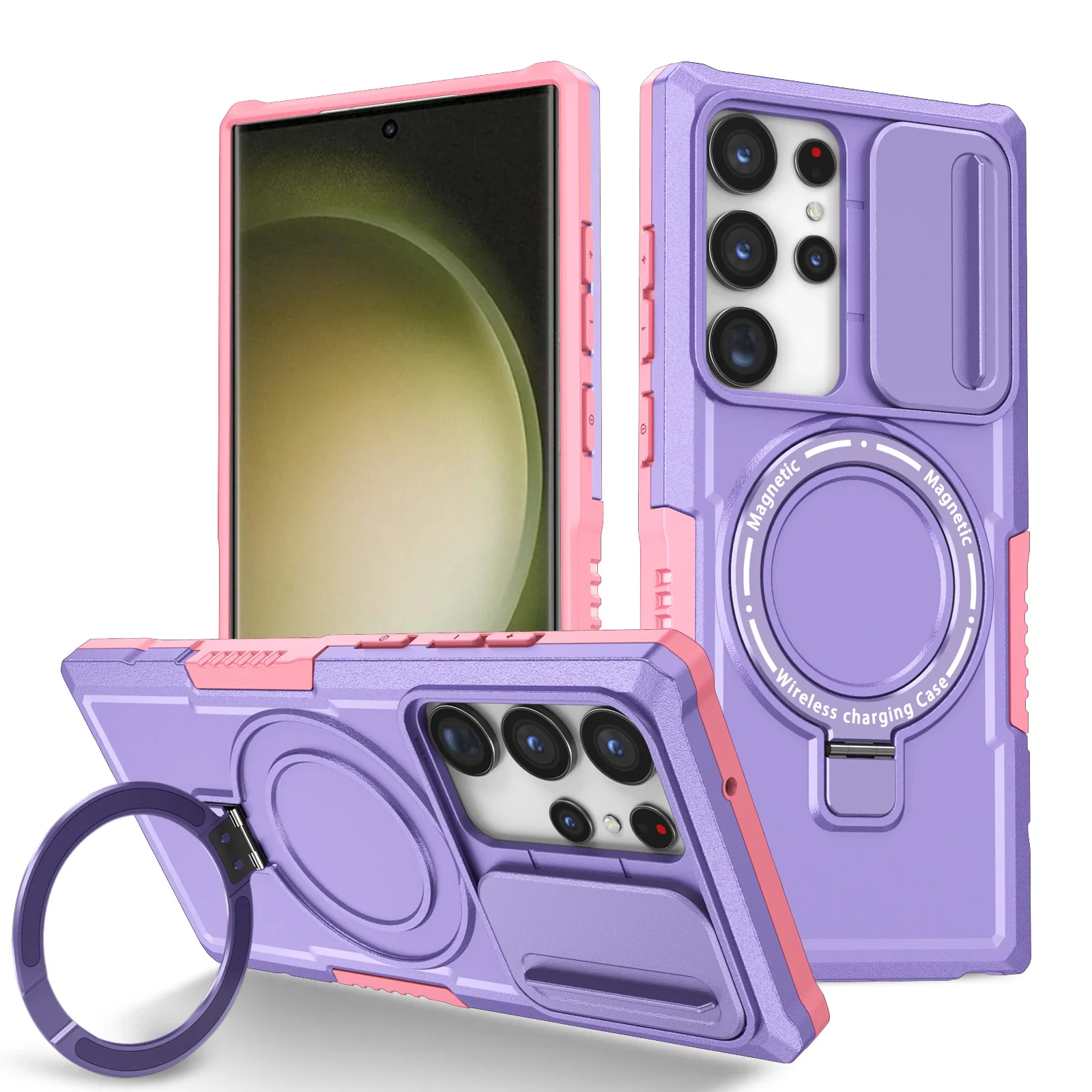 Capa Protetora Reforçada (roxo Rosado) Para Galaxy S23 Plus Com Suporte Para Carro E Carregamento Sem Fio Magnético.